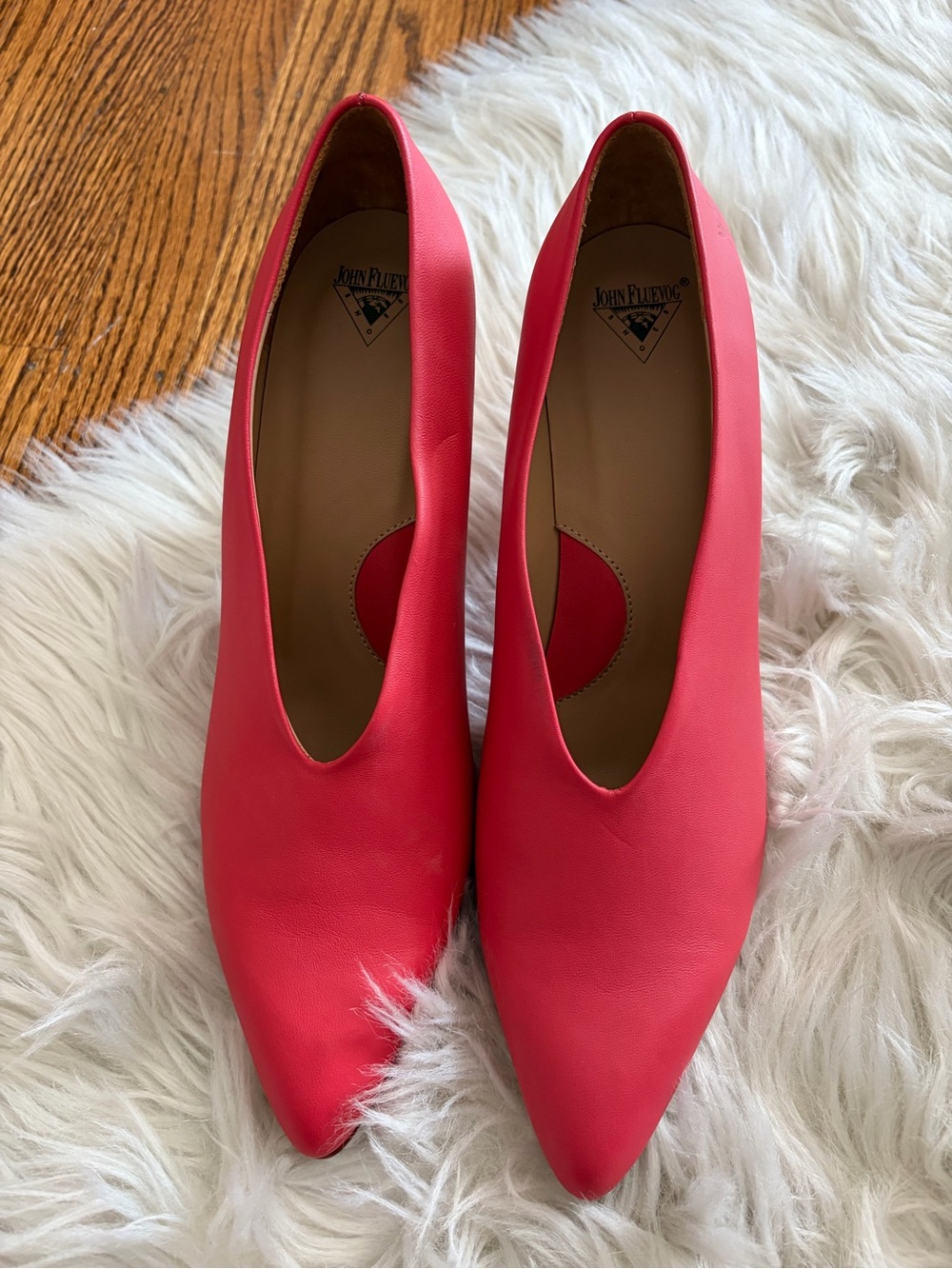John Fluevog Coral-Red Pointed Toe Women's Heels